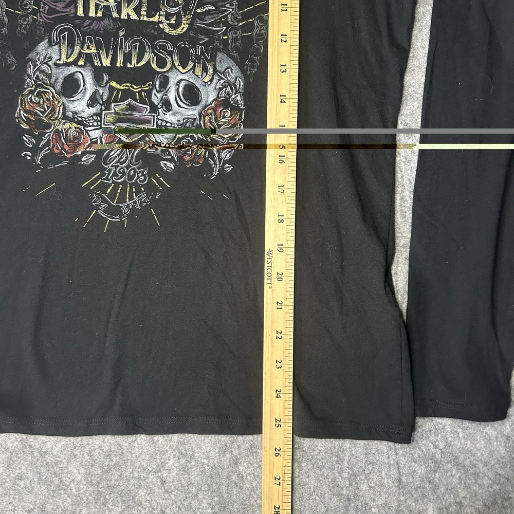 Harley Davidson Sequin Women's Large V Neck Skull Long Sleeve Black Shirt Y2k - Picture 6 of 9